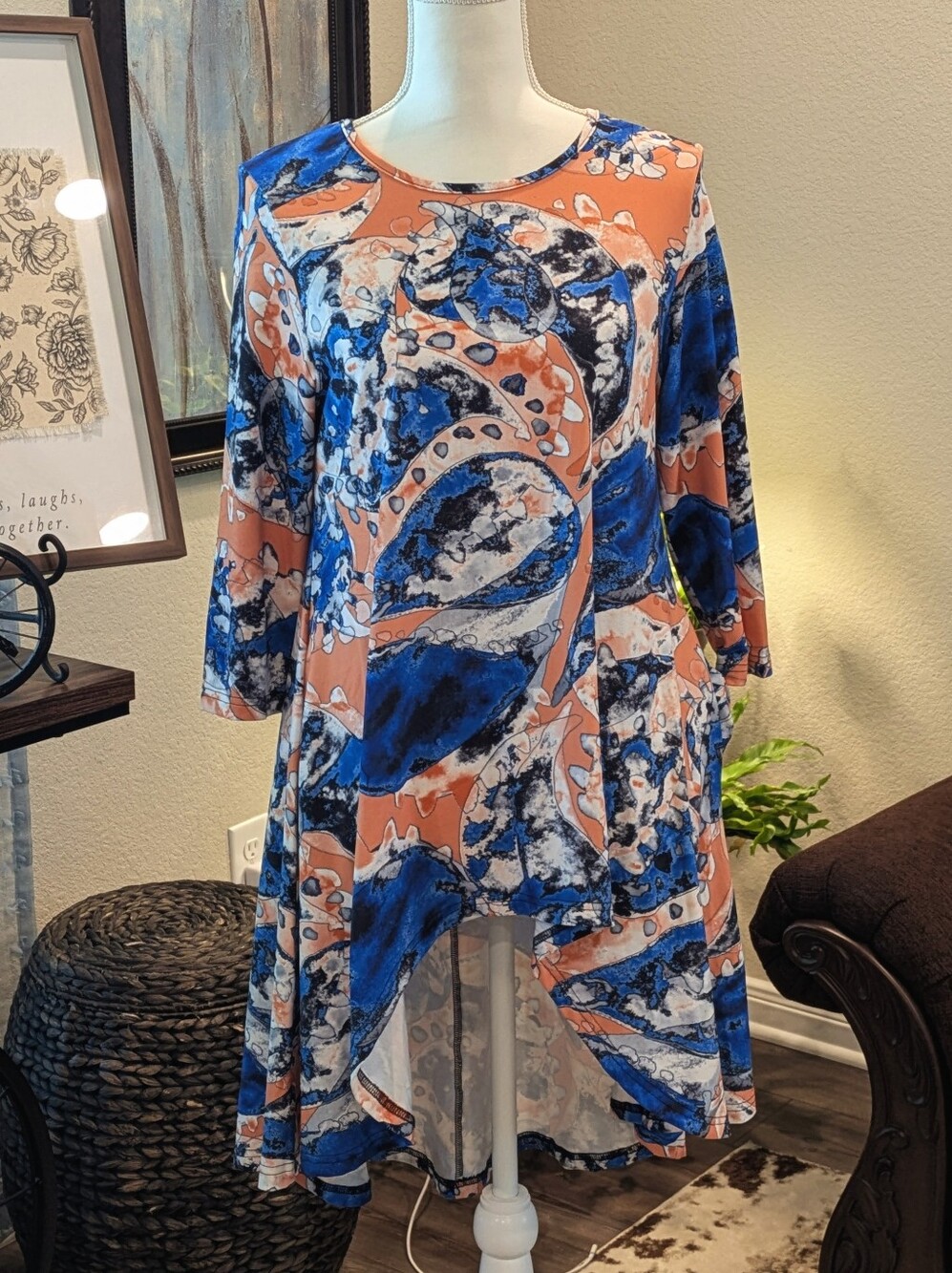 Abstract Print High-Low Tunic in Blue and Peach